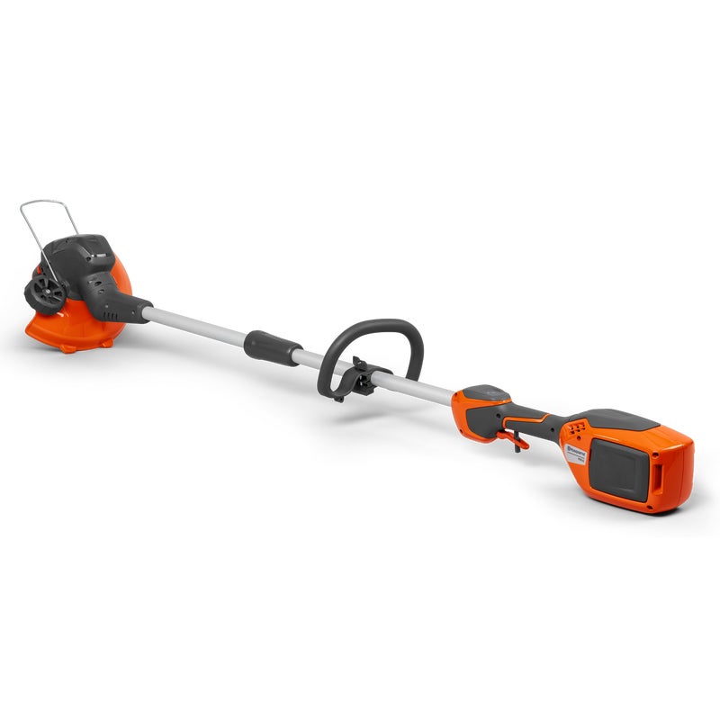 Husqvarna 110iL cordless grass trimmer with orange and gray body, adjustable loop handle, and telescopic shaft for easy, quiet, and efficient trimming.
