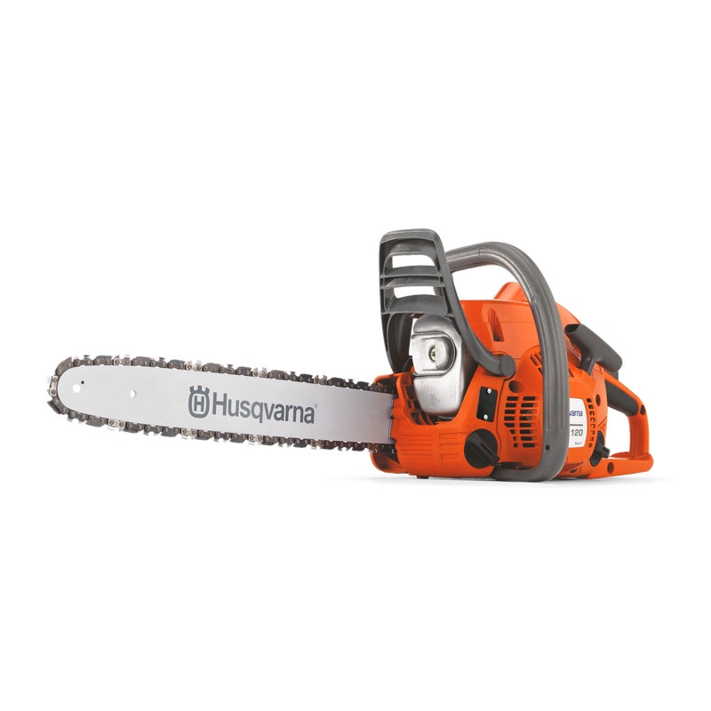 Husqvarna 120 Mark II petrol chainsaw with compact design, ergonomic handle, and high-performance engine for light cutting tasks.