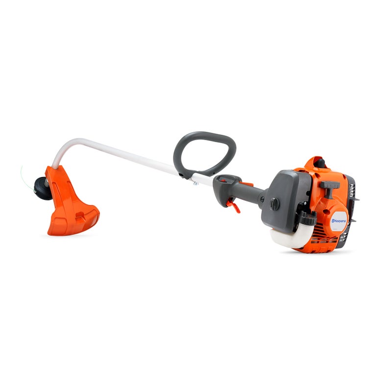 Husqvarna 129C petrol grass trimmer with orange and gray body, curved shaft, and ergonomic handle for lightweight and efficient garden trimming.