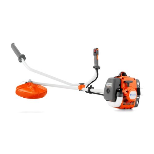 Husqvarna 129R petrol brushcutter with orange and gray body, loop handle, and durable shaft for versatile grass and brush clearing.