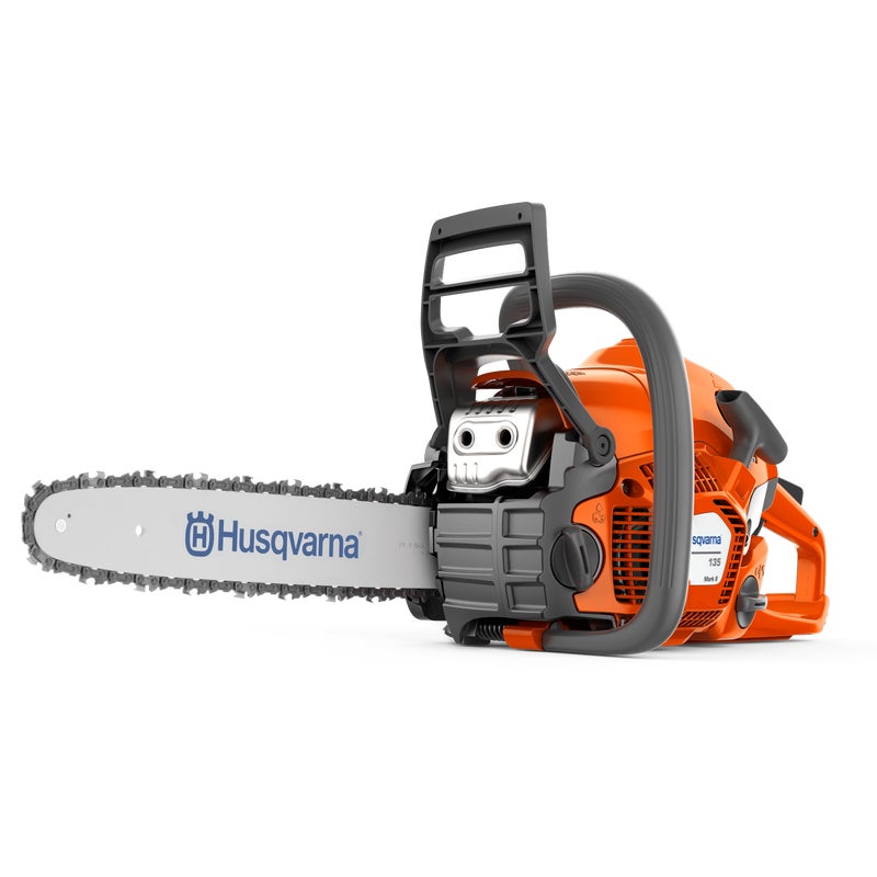 Husqvarna 135 Mark II petrol chainsaw with ergonomic design, compact body, and powerful engine for efficient cutting.