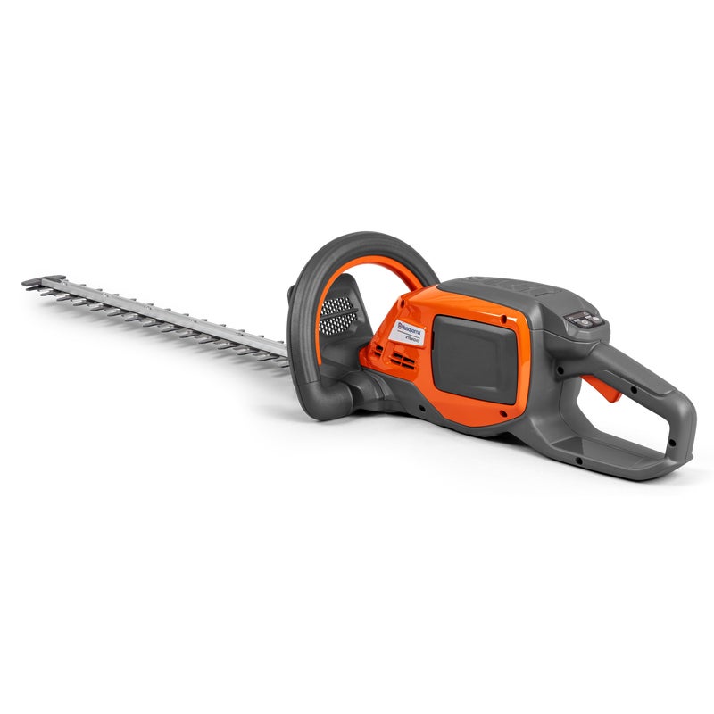 Husqvarna 215iHD45 battery-powered hedgecutter kit with orange and gray design, ergonomic handle, and 45 cm dual-action blade for cordless hedge trimming.