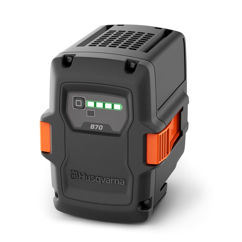 Husqvarna 40‑B70 36 V 2.0Ah lithium‑ion battery with active cooling for lightweight cordless garden tools.