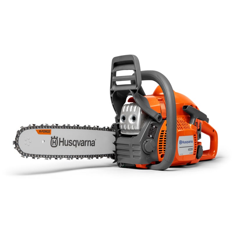 Husqvarna 435 II petrol chainsaw with ergonomic design, compact body, and high-performance engine for cutting wood.
