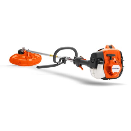 Husqvarna 525RJX petrol brushcutter with orange and gray design, bike-style handlebar, and harness for professional heavy-duty grass and brush clearing.