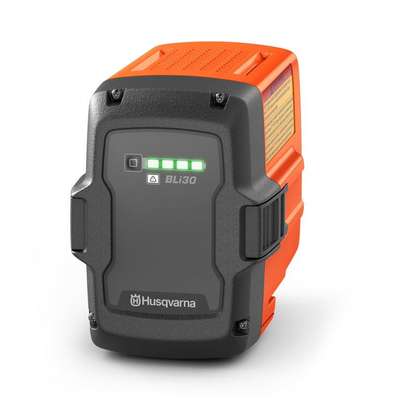 Husqvarna BLi30 36V lithium-ion battery with LED charge indicator, designed for use with Husqvarna cordless tools.
