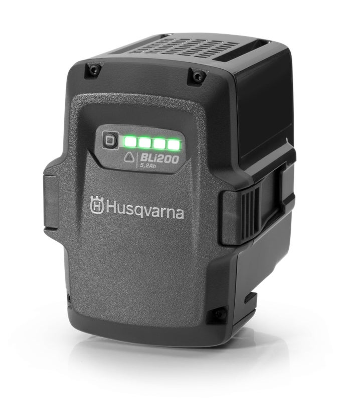 Husqvarna BLi200 36V 5.2Ah lithium‑ion battery with active cooling and 4‑LED charge indicator for professional outdoor tools.