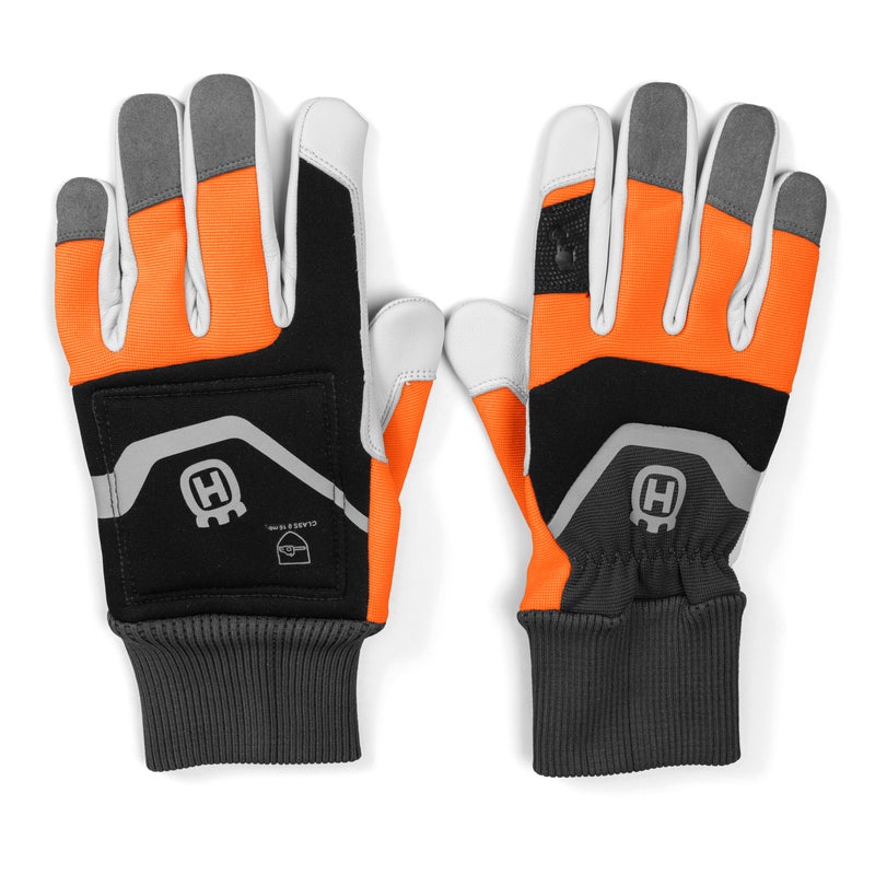 Husqvarna Functional Chainsaw Gloves, size 12, with reinforced protective material, high-visibility orange design, and secure wrist fit for safe chainsaw handling.