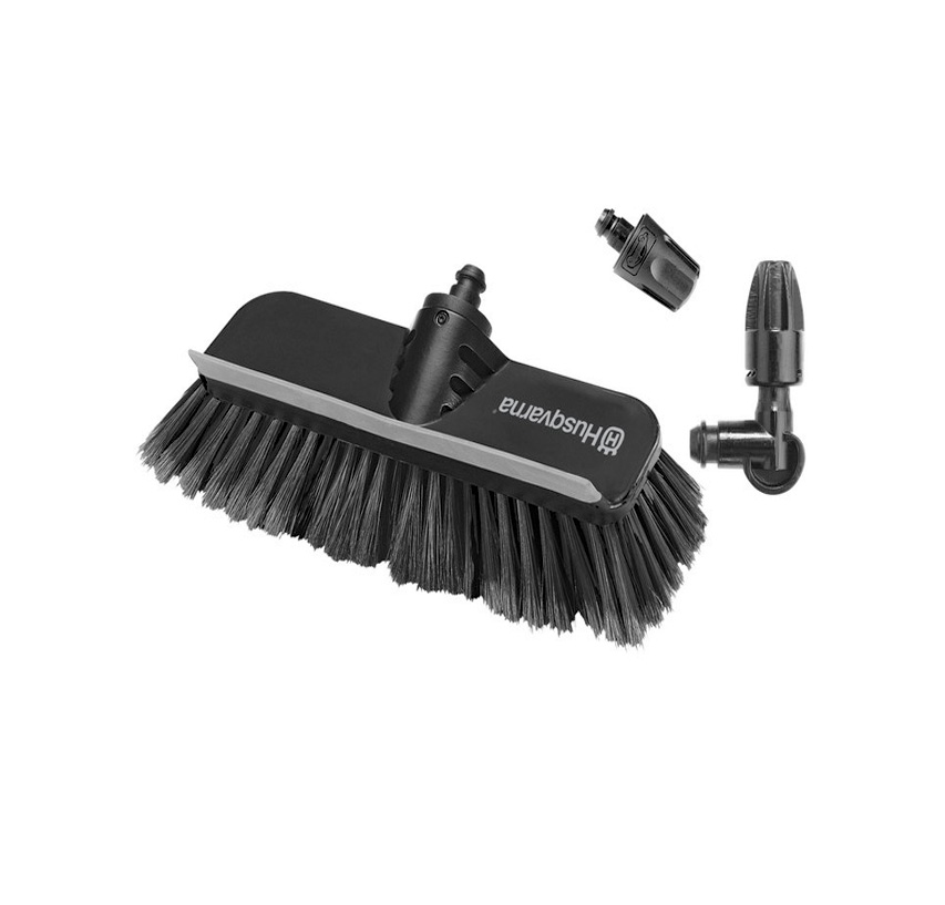 Husqvarna Vehicle Cleaning Kit (590660701) with nozzles, brush, and squeegee for gentle, streak-free washing of cars and vans.