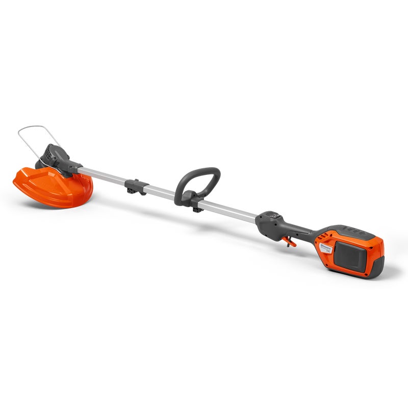 Husqvarna 215iL cordless grass trimmer with orange and gray design, loop handle, and lightweight battery-powered build for effortless garden trimming.