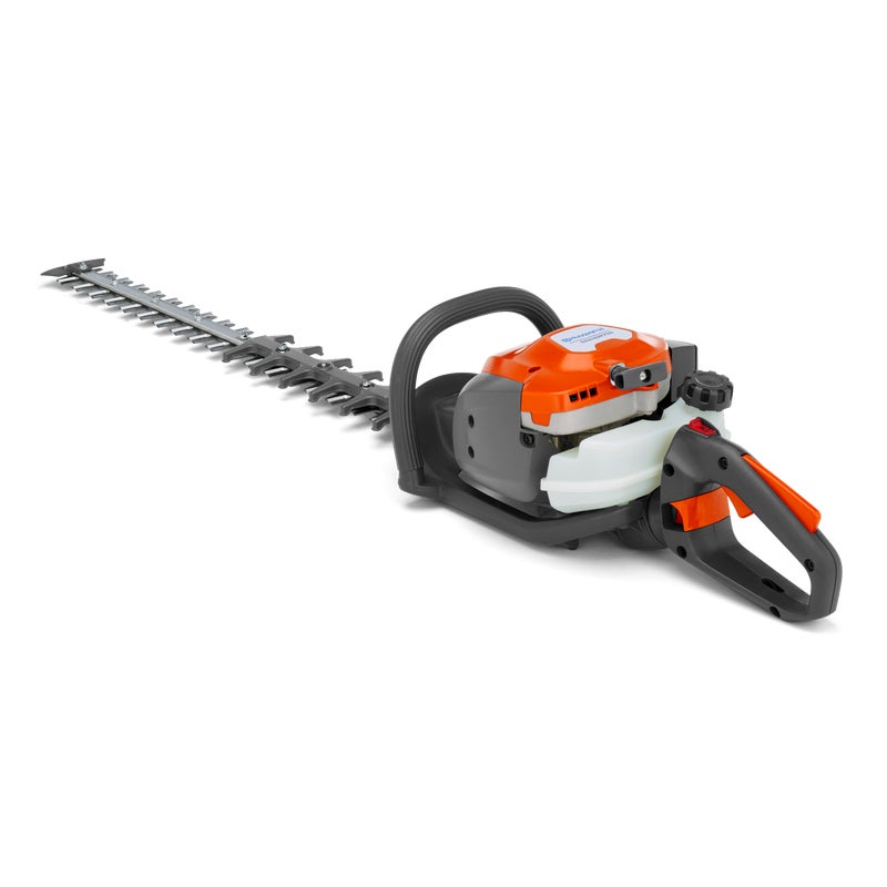 Husqvarna 522HDR75X petrol hedgecutter with orange and gray design, long dual-action blade, and ergonomic handle for professional hedge trimming.