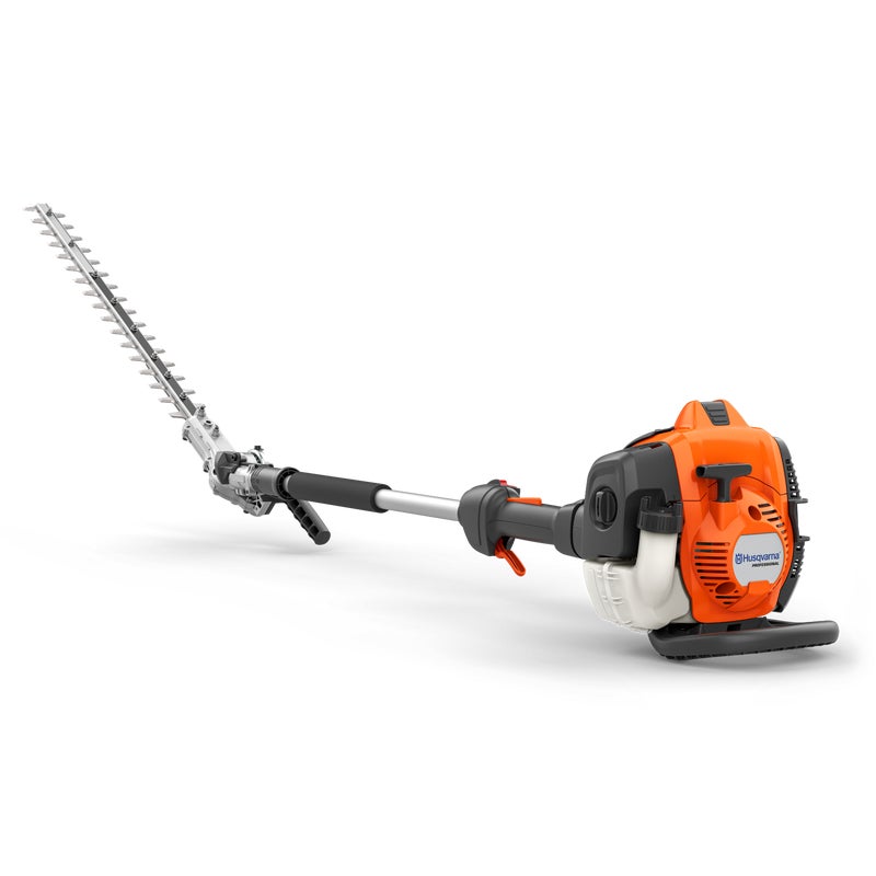 Husqvarna 525HE3 professional long-reach petrol hedgecutter with orange and gray body, extended blade, and ergonomic handle for precise and efficient hedge trimming.