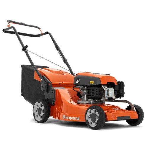 Husqvarna LC247 petrol lawnmower with ergonomic handle, durable cutting deck, and high-performance engine for efficient grass cutting.