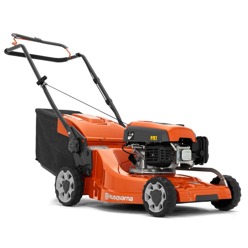 Husqvarna LC247 petrol lawnmower with ergonomic handle, durable cutting deck, and high-performance engine for efficient grass cutting.