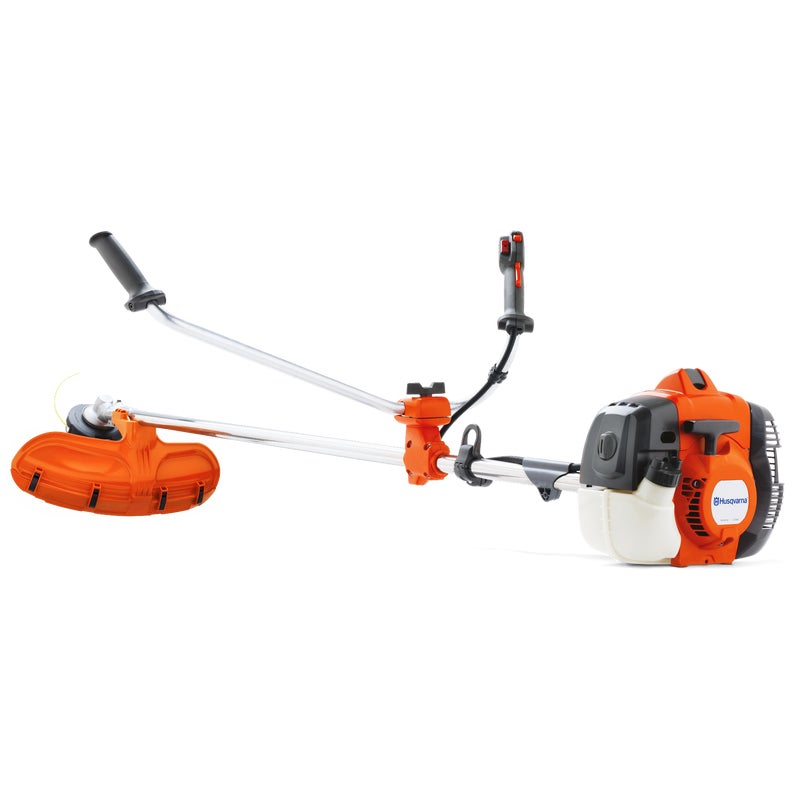Husqvarna 135R petrol brushcutter with orange and gray body, bike-style handlebar, and durable cutting attachment for tackling tough grass and brush.