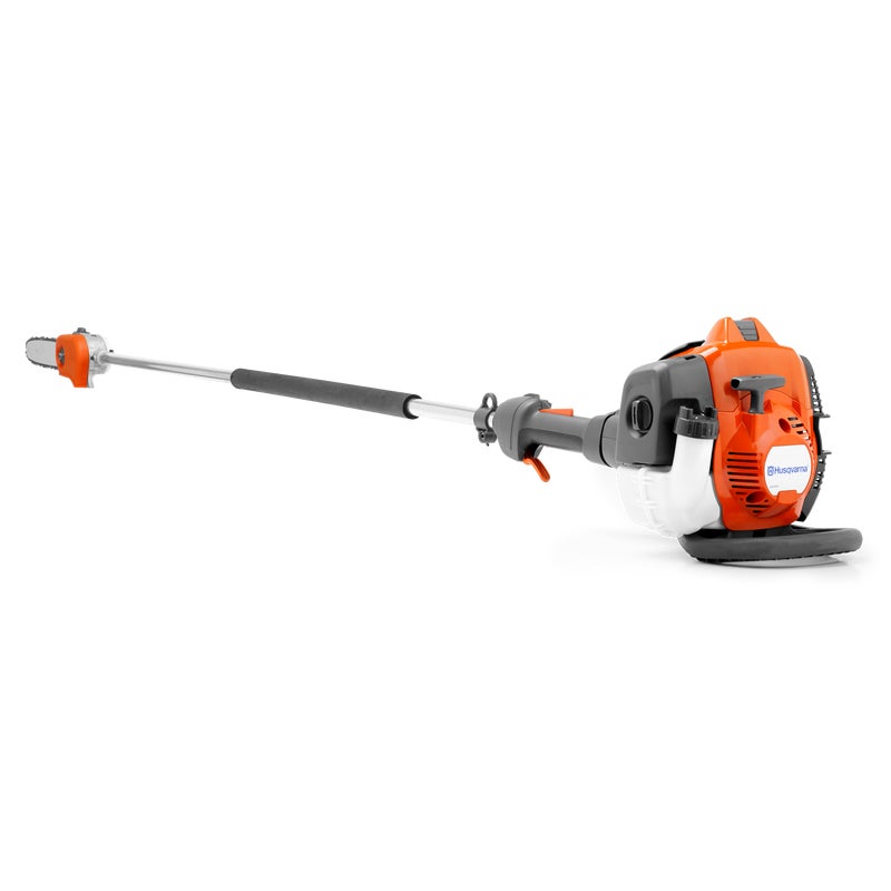 Husqvarna 525P4S pole saw with extendable shaft, ergonomic handle, and gas-powered engine for high-reach pruning.