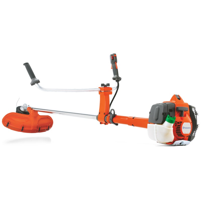 Husqvarna 535RXT petrol brushcutter featuring an orange and gray design, ergonomic bike-style handlebar, and harness for professional brush and grass clearing.