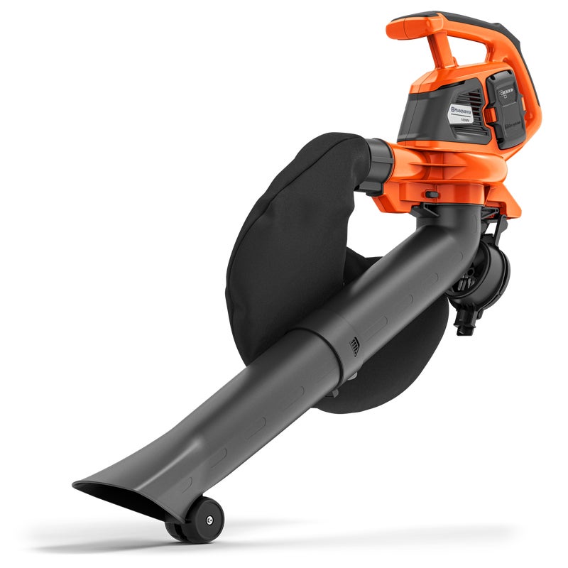 Husqvarna 125BVX petrol blower/vacuum with 28 cc engine, round & flat nozzles, and vac kit attached.