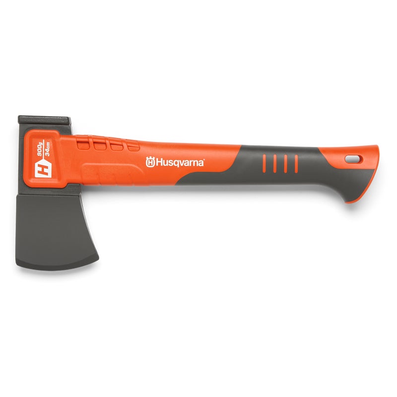 Husqvarna Universal Hatchet with wooden handle and protective leather sheath, designed for chopping and outdoor use.