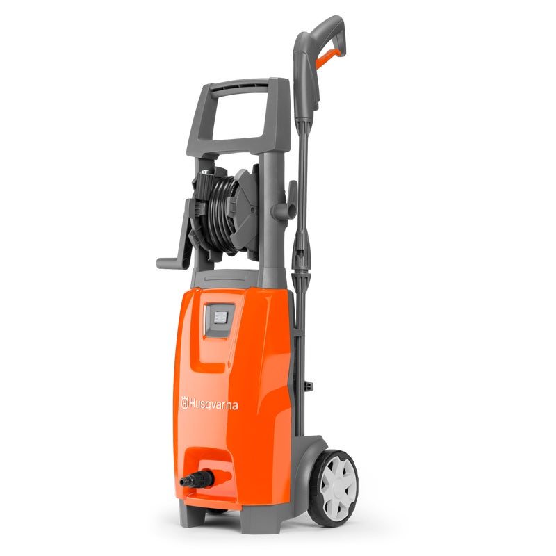 Husqvarna PW125 electric pressure washer with compact upright design, built-in hose reel and foam sprayer tank.
