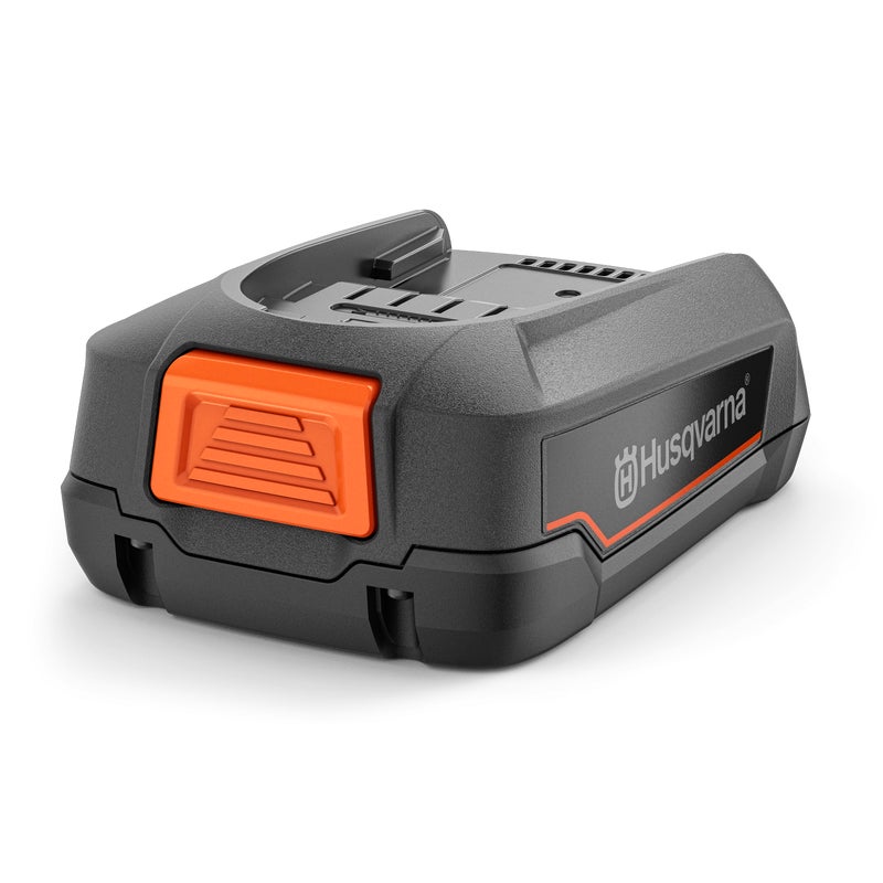 Front view of Husqvarna Aspire P4A 18‑B45 18 V lithium‑ion battery pack, 2.5 Ah (45 Wh), compact and lightweight