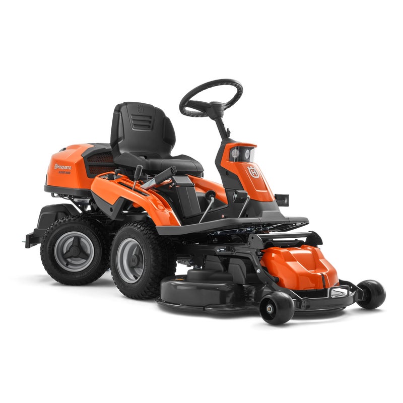 Husqvarna R216T AWD garden tractor with combi 103 cm cutting deck, orange body, all-wheel drive, and ergonomic steering for efficient lawn mowing.