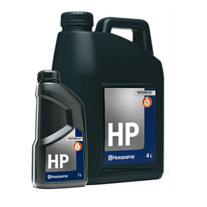 "Husqvarna HP 2-Stroke Oil bottle – high-performance synthetic oil for 2-stroke engines in outdoor power equipment"