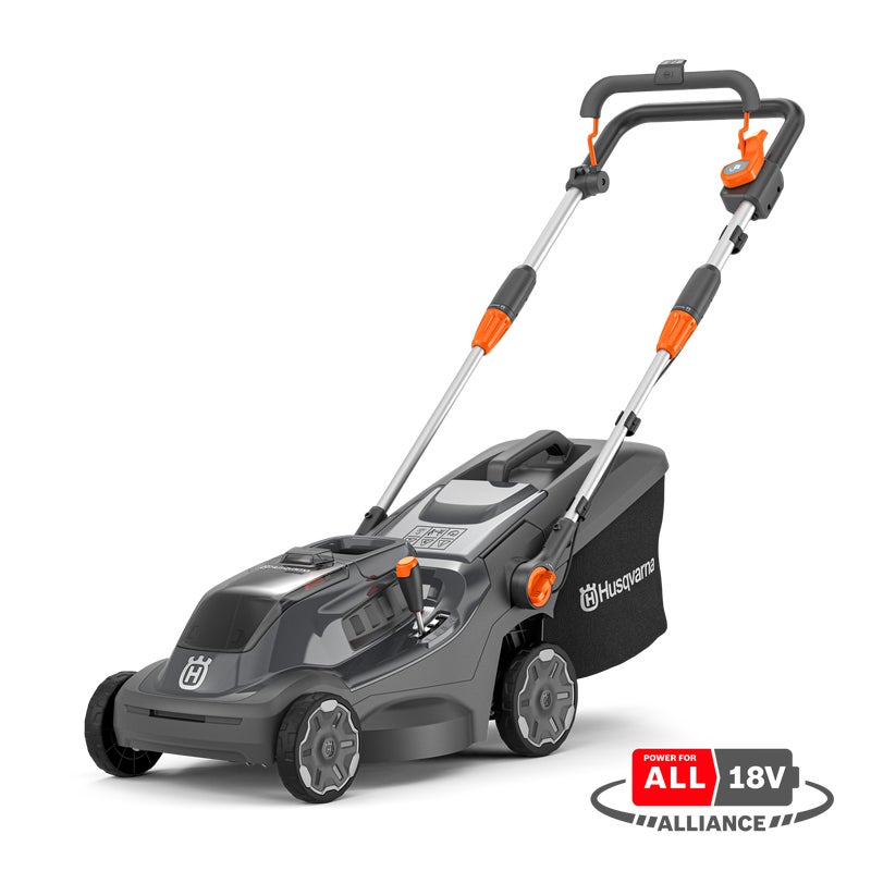 Aspire LC34-P4A cordless lawn mower with a sleek green and black design, positioned on a freshly cut lawn."