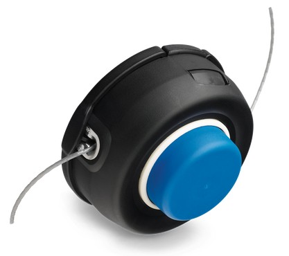Close-up view of the Husqvarna T35X M12 578446601 trimmer head, featuring a durable black housing with a blue tap-action button for easy line feed.