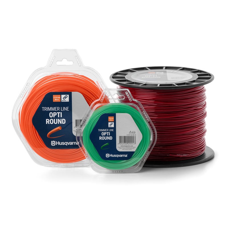 Husqvarna Opti Round Trimmer Line range – durable round-profile cutting line for all standard trimmer heads.