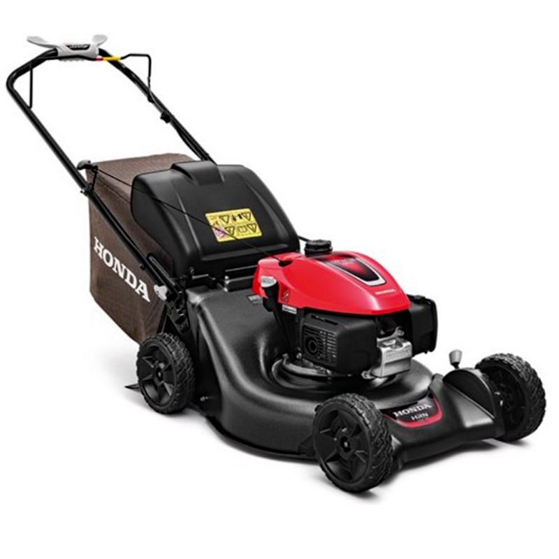 Honda Izy HRN536VK self-propelled lawnmower with 53cm steel deck and large grass collector bag.