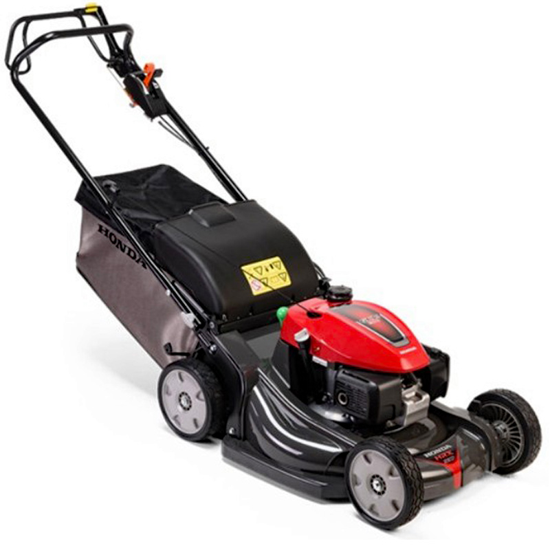 Honda HRX476HY hydrostatic petrol lawnmower with 47cm cutting deck and large grass bag.