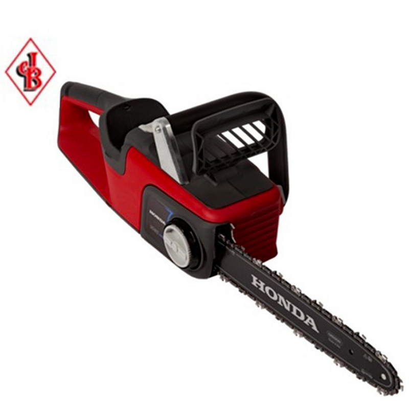 Honda HHC36BXB cordless chainsaw with red and black body, ergonomic handle, and sharp guide bar and chain.