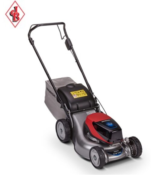 Honda Izy-On HRG416XB cordless lawnmower with red deck, black wheels, and grass collection bag.