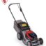 Honda Izy-On HRG416XB cordless lawnmower with red deck, black wheels, and grass collection bag.