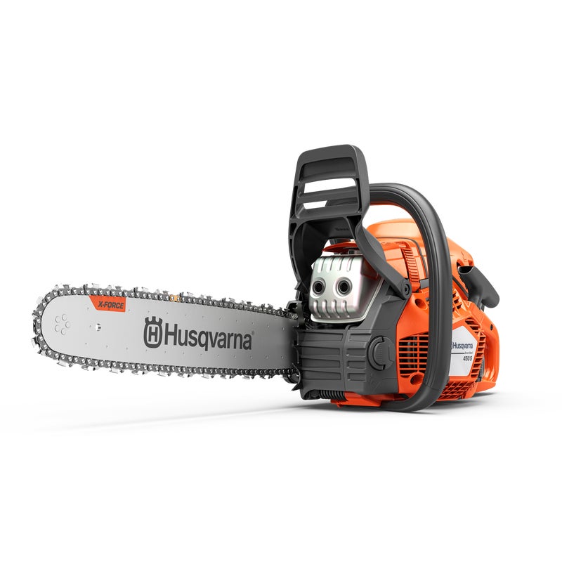Husqvarna 450S petrol chainsaw with 50.2 cm³ engine, 18‑inch bar, and ergonomic LowVib® handle for professional cutting tasks.
